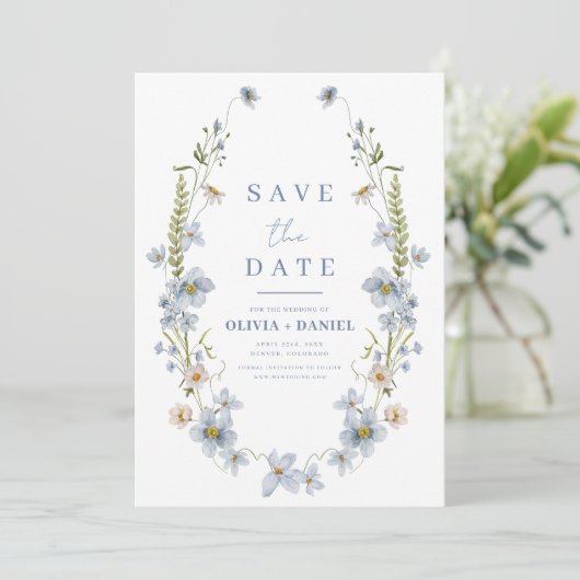 Wildflowers Dusty Blue Boho Bewaar de datum Save The Date (Staand voorkant)