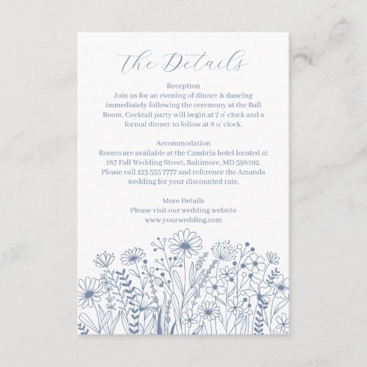 Wildflowers Dusty Blue Boho Wedding Details Informatiekaartje (Voorkant)