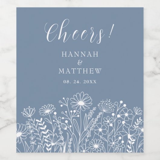 Wildflowers Dusty Blue Boho Wedding Wijn Etiket (Enkel label)