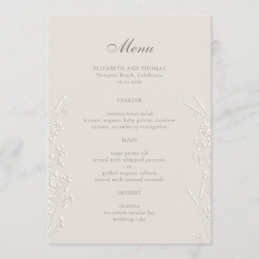 Wildflowers Ecru Faux Embossed Classic Wedding Menu (Voorkant)