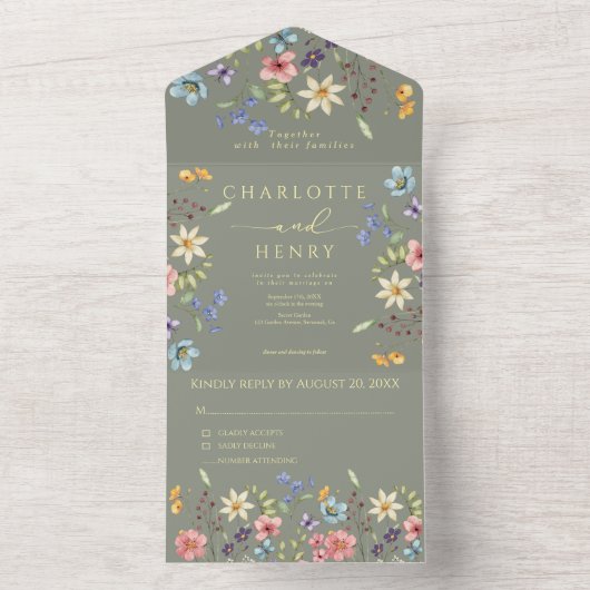 Wildflowers Eenvoudige Tuin Wijze Geel Huwelijk All In One Uitnodiging (Binnen)