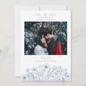 Wildflowers Elegant Boho Dusty Blauw Fotobruiloft Save The Date (Voorkant)