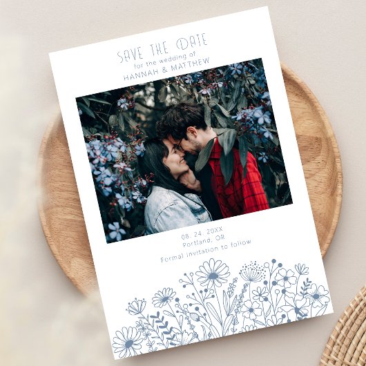 Wildflowers Elegant Boho Dusty Blauw Fotobruiloft Save The Date