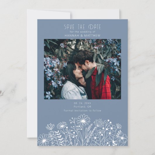 Wildflowers Elegant Dusty Blue Boho Fotobruiloft Save The Date (Voorkant)