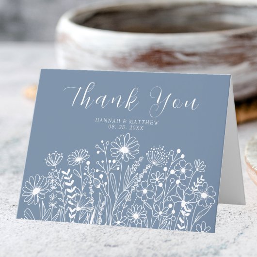 Wildflowers Elegant Dusty Blue Boho Wedding Bedankkaart