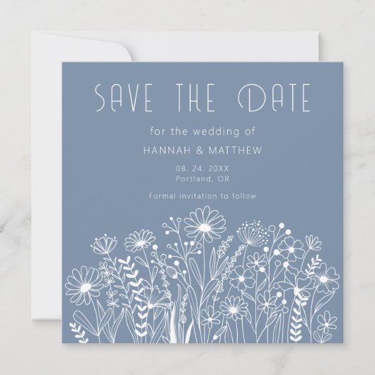 Wildflowers Elegant Dusty Blue Boho Wedding Save The Date (Voorkant)