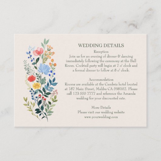 Wildflowers Elegant Garden Wedding Details Informatiekaartje (Voorkant)