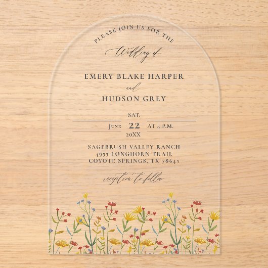 Wildflowers Elegant Modern Arch Clear Wedding Acryl Uitnodigingen (Voorkant)