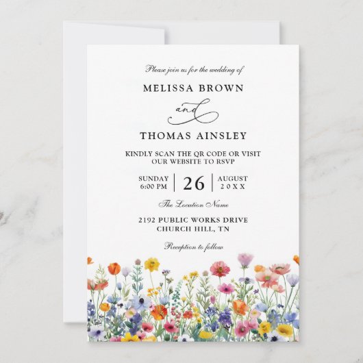Wildflowers Elegant Modern Budget QR Code Wedding Kaart (Voorkant)