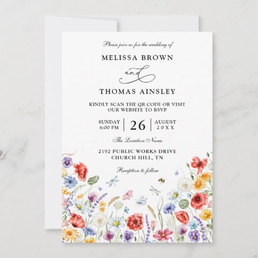Wildflowers Elegant Modern Budget QR Code Wedding Kaart (Voorkant)