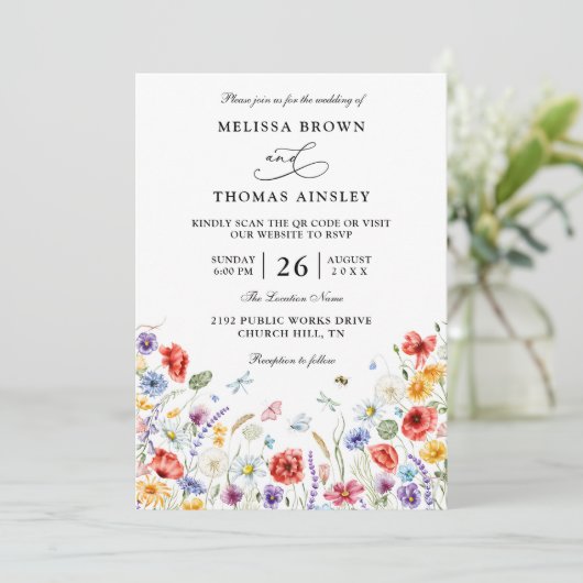 Wildflowers Elegant Modern Budget QR Code Wedding Kaart (Staand voorkant)