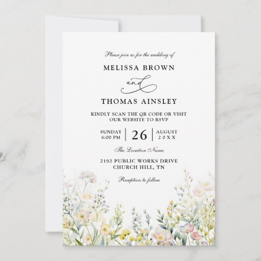 Wildflowers Elegant Modern Budget QR Code Wedding Kaart (Voorkant)