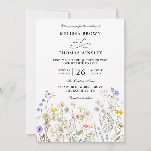 Wildflowers Elegant Modern Budget QR Code Wedding Kaart (Voorkant)
