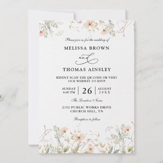 Wildflowers Elegant Modern Budget QR Code Wedding Kaart (Voorkant)