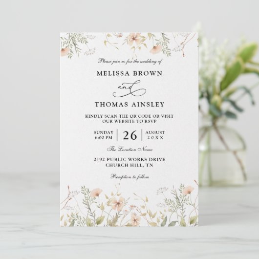 Wildflowers Elegant Modern Budget QR Code Wedding Kaart (Staand voorkant)