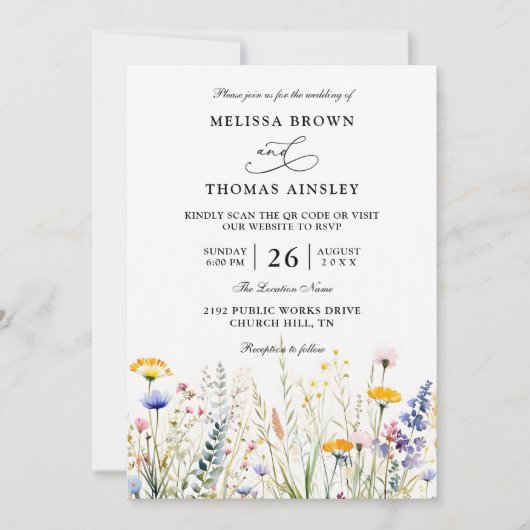 Wildflowers Elegant Modern Budget QR Code Wedding Kaart (Voorkant)