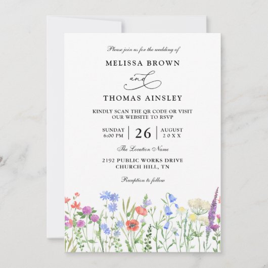 Wildflowers Elegant Modern Budget QR Code Wedding Kaart (Voorkant)