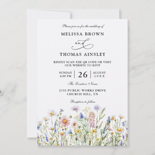 Wildflowers Elegant Modern Budget QR Code Wedding Kaart (Voorkant)