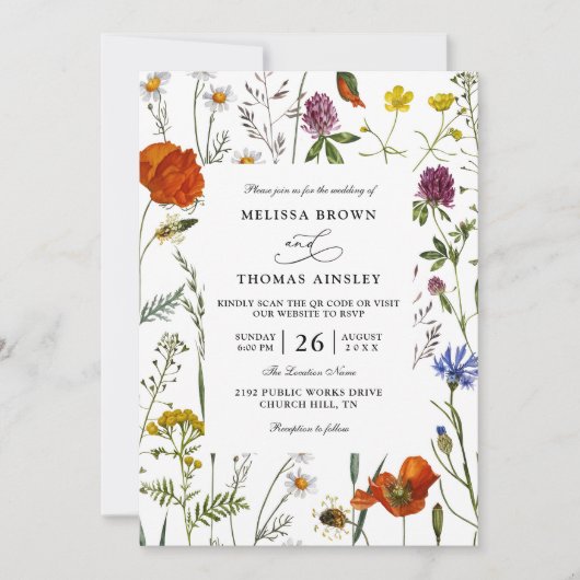 Wildflowers Elegant Modern Budget QR Code Wedding Kaart (Voorkant)