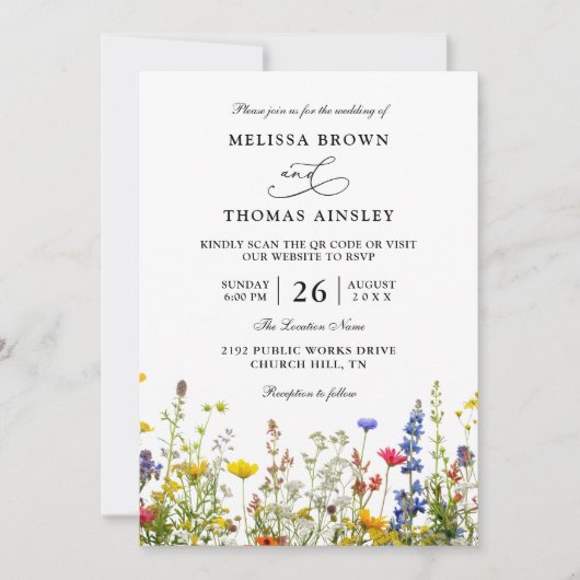 Wildflowers Elegant Modern Budget QR Code Wedding Kaart (Voorkant)