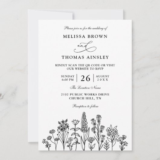 Wildflowers Elegant Modern Budget QR Code Wedding Kaart (Voorkant)