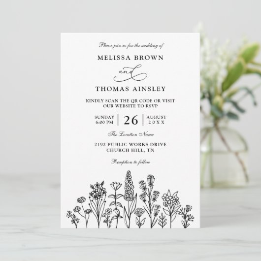 Wildflowers Elegant Modern Budget QR Code Wedding Kaart (Staand voorkant)