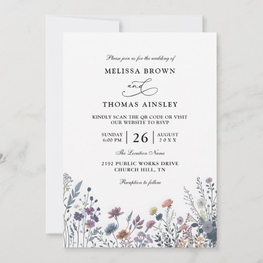 Wildflowers Elegant Modern Budget QR Code Wedding Kaart (Voorkant)