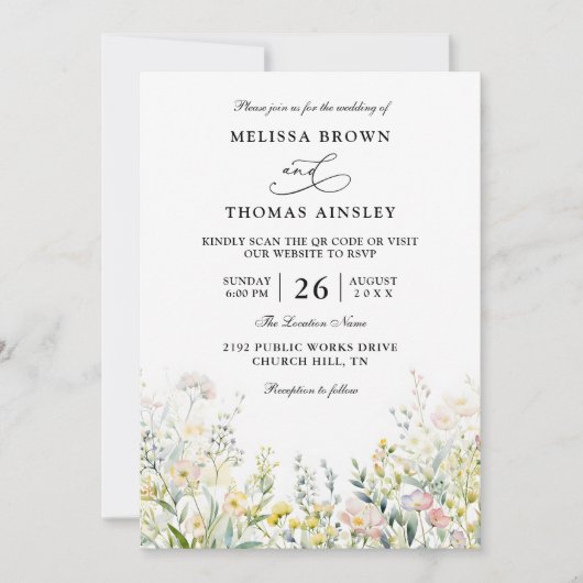 Wildflowers Elegant Modern Budget QR Code Wedding Kaart (Voorkant)
