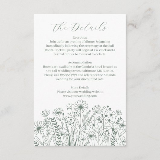 Wildflowers Elegant Sage Green Wedding Details Informatiekaartje (Voorkant)