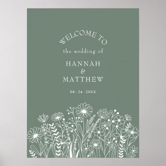 Wildflowers Elegant Sage Green Wedding Welkom Poster (Voorkant)