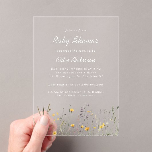 Wildflowers Elegant Spring Baby shower Clear Acryl Uitnodigingen (Insitu (Draagbaar))