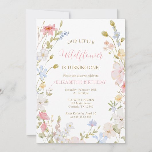 Wildflowers elegant Spring First Birthday Kaart (Voorkant)