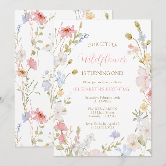 Wildflowers elegant Spring First Birthday Kaart (Voorkant / Achterkant)