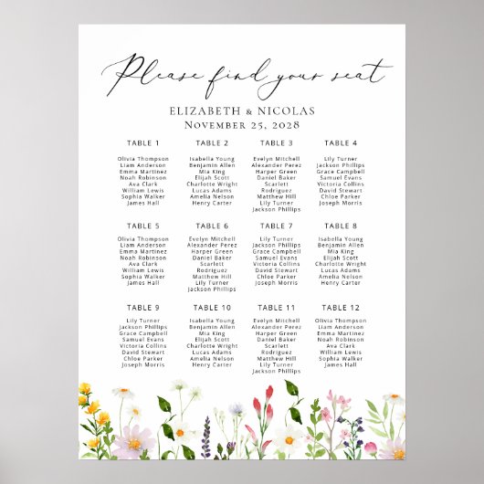 Wildflowers Elegant Wedding Seating Chart Poster (Voorkant)