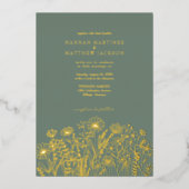 Wildflowers Elegante Sage Green en Gold Wedding Folie Uitnodiging (Voorkant)
