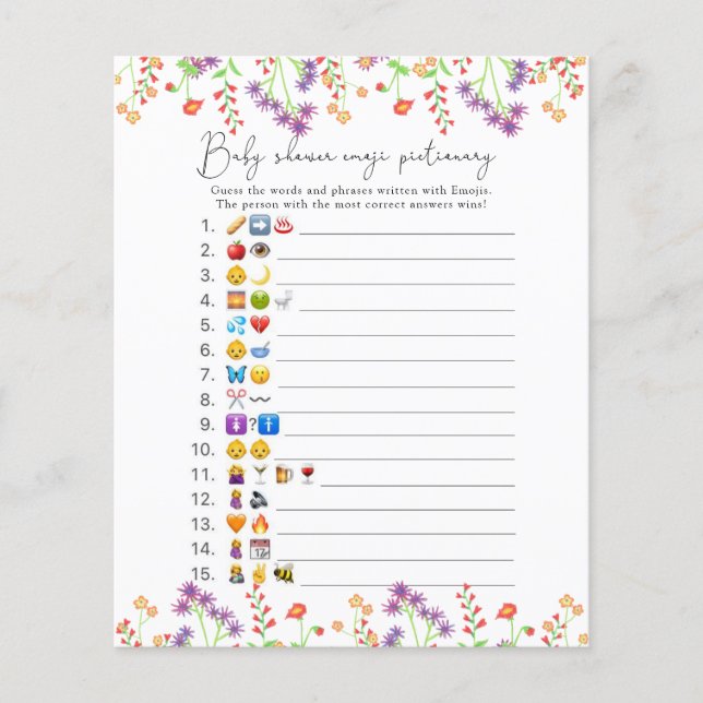 Wildflowers Emoji afbeelding spel baby shower (Voorkant)