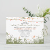 Wildflowers en String Lights bruiloft uitnodiging (Staand voorkant)