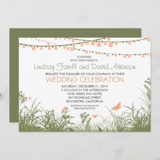 Wildflowers en String Lights bruiloft uitnodiging (Voorkant / Achterkant)