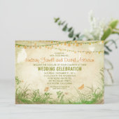 Wildflowers en String Lights bruiloft uitnodiging (Staand voorkant)