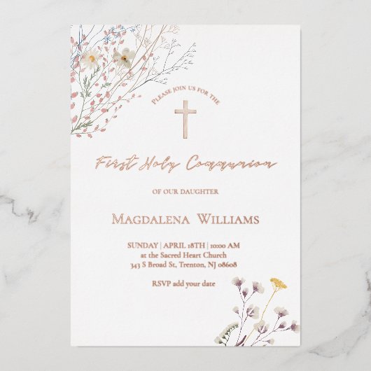 wildflowers | First Communion Invitation Folie Uitnodiging (Voorkant)