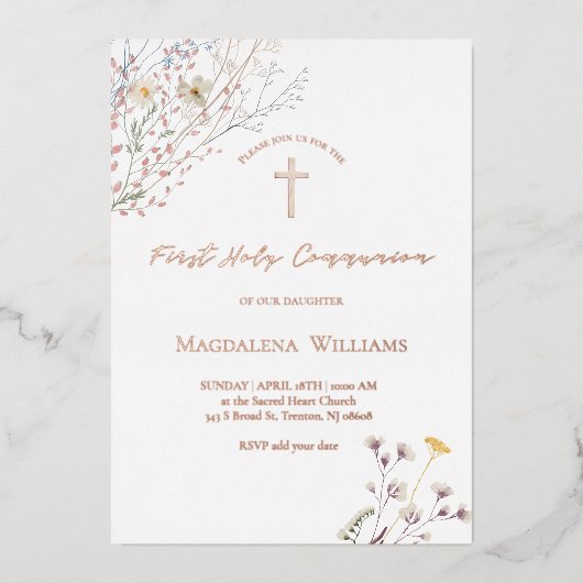 wildflowers | First Communion Invitation Folie Uitnodiging (Voorkant)