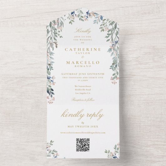 Wildflowers Floral QR Code Gold Wedding All In One Uitnodiging (Binnen)