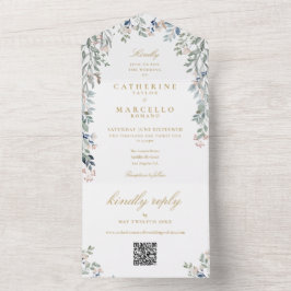 Wildflowers Floral QR Code Gold Wedding All In One Uitnodiging