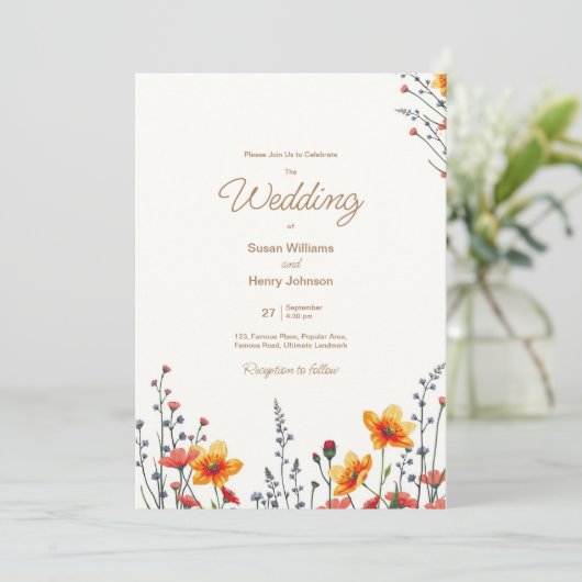 Wildflowers Floral Wedding Invitation | kleur van  Kaart (Staand voorkant)