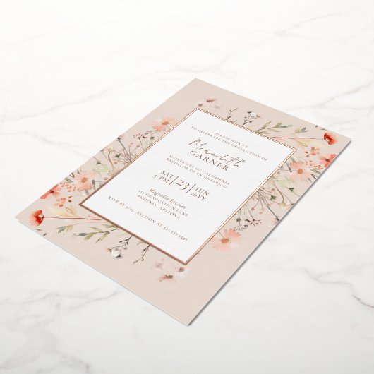 Wildflowers Foto Afstudeerfeest Echt Roos Goud Folie Uitnodiging (Gedraaid)