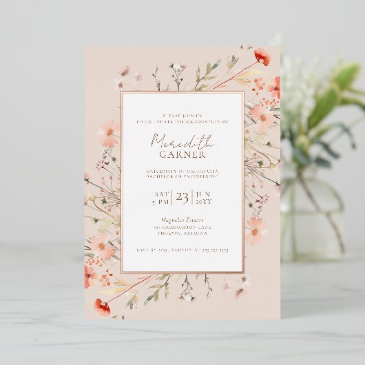 Wildflowers Foto Afstudeerfeest Echt Roos Goud Folie Uitnodiging (Staand Voorkant)