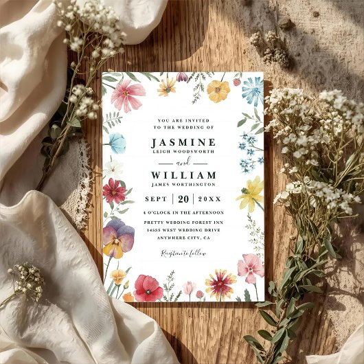 Wildflowers Fresh Meadow Rustic QR Code Wedding Kaart
