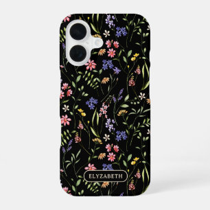 Wildflowers Gepersonaliseerde naam Zwart iPhone 16 Hoesje