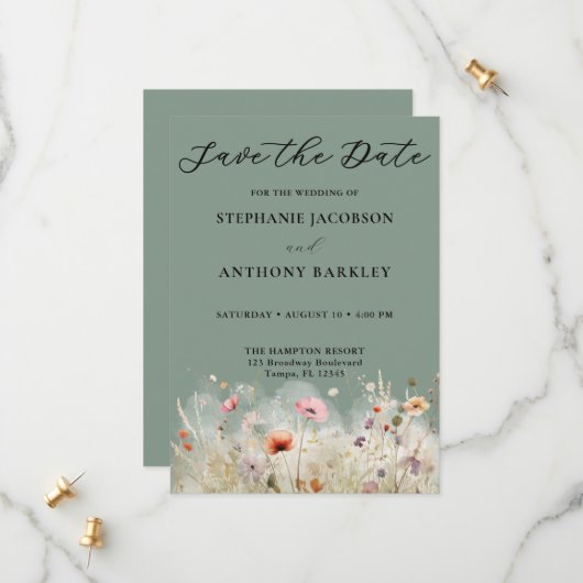 Wildflowers Green Save the Date Wedding Kaart (Voorkant / Achterkant in situ)