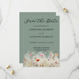 Wildflowers Green Save the Date Wedding Kaart